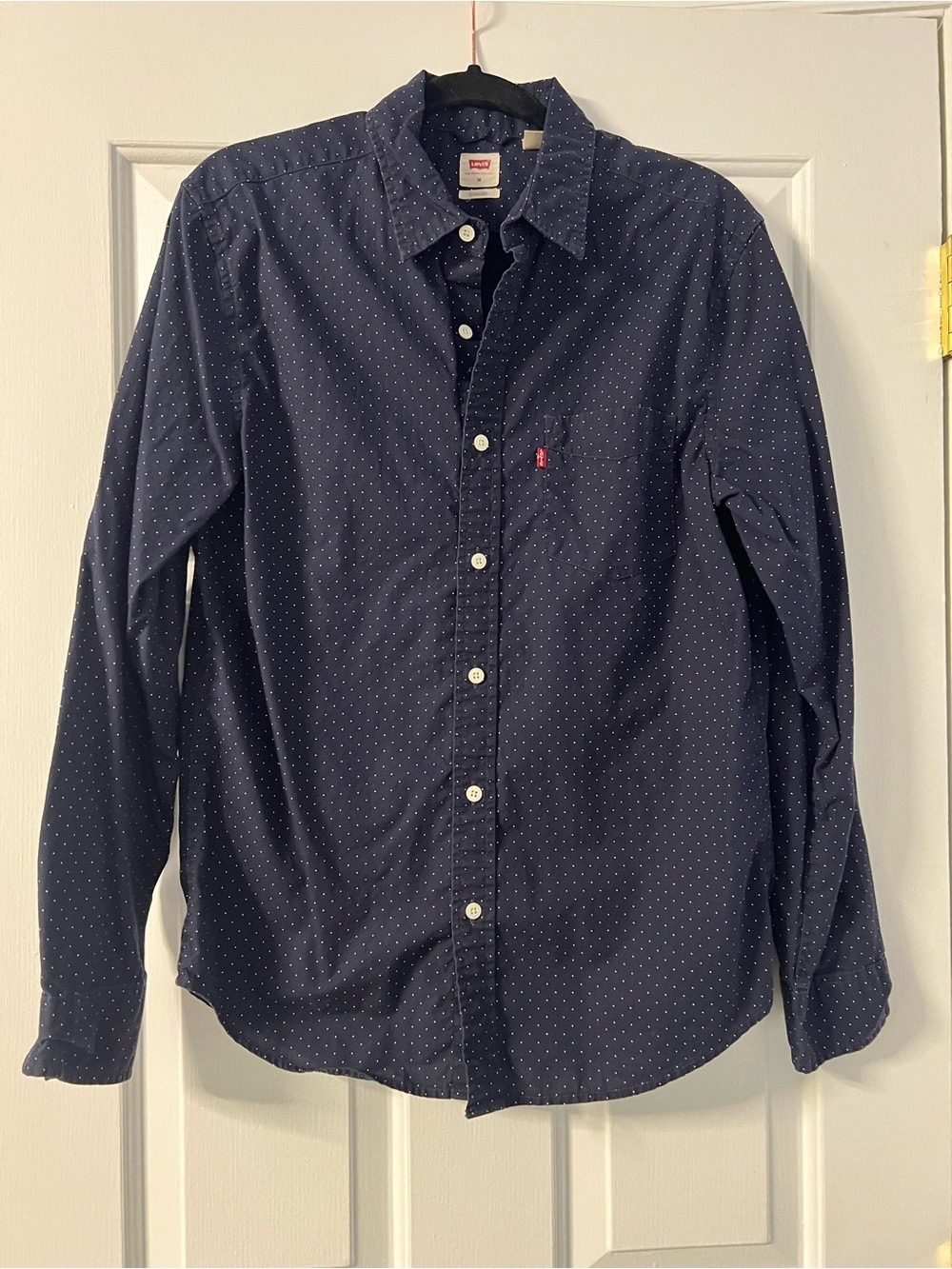 Levi's Navy Blue Button-Down Shirt with White Micro Dot Pattern